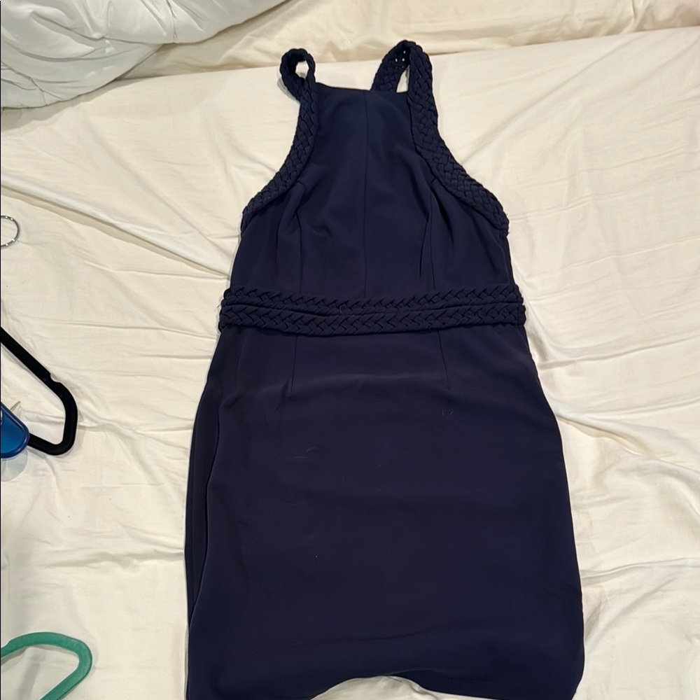 Elegant Navy Blue Dress with Braided Details